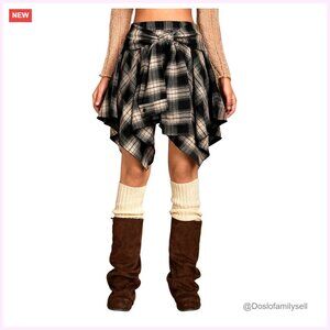 Plaid Pleated Mini Skater Skirt, Asymmetrical Y2K Goth Grunge Style